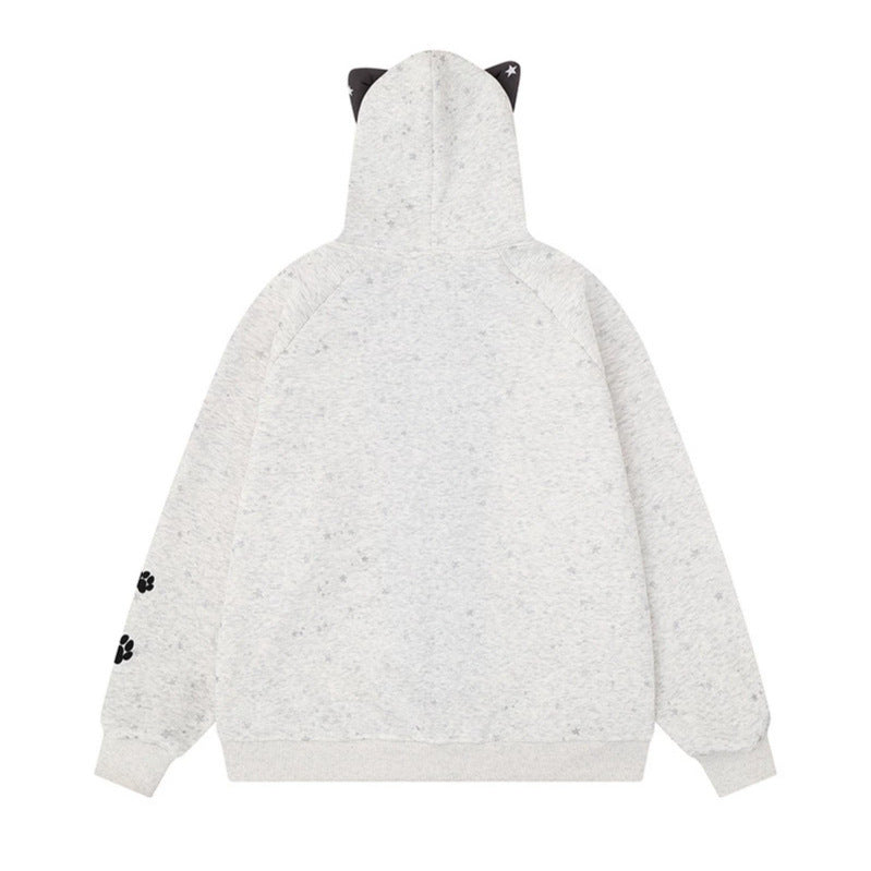 Damen Zip-Kapuzenjacke mit Musikprint, 3D-Ohrenkapuze und Pfoten-Applikation Nord Taschen