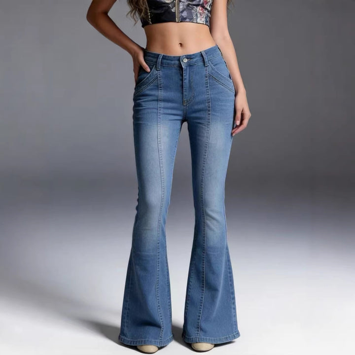 Damen hochgeschnittene taillierte Flared-Jeans mit mittiger Nahtführung und figurformender Hüftpartie Nord Taschen