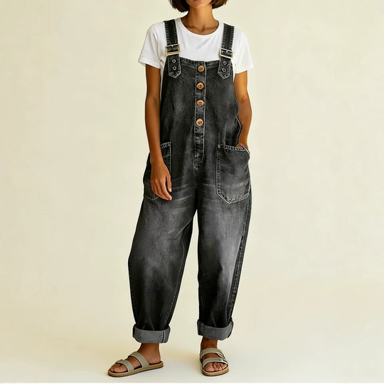 Damen Weite Denim-Latzhose mit Knopfleiste, verstellbaren Trägern und aufgesetzten Taschen Nord Taschen