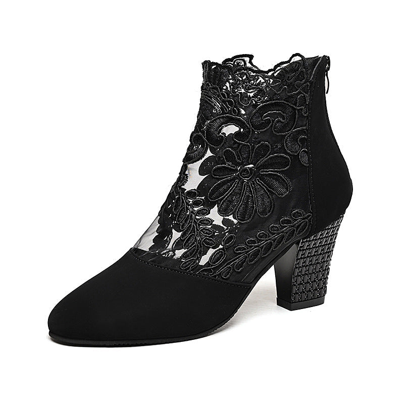 Damen elegante Ankle-Stiefel mit feiner Spitze und komfortablem Blockabsatz Nord Taschen