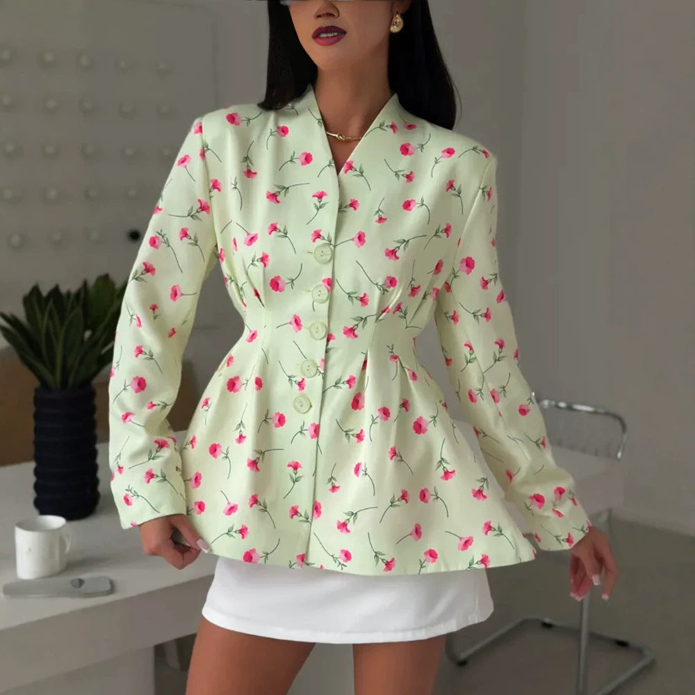 Damen Taillierter Blazer mit Schößchen, dekorativen Knöpfen und floralem Muster Nord Taschen