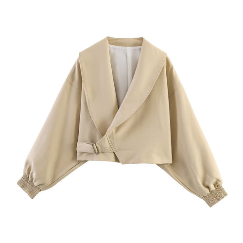 Damen Oversized Cropped-Jacke mit großem Schalkragen, Taillenriegel und Ballonärmeln Nord Taschen