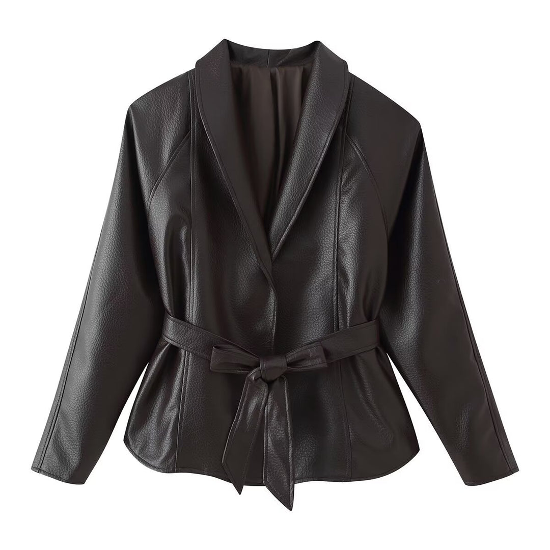 Damen Taillierter Bindegürtel-Lederblazer mit Schalkragen Nord Taschen