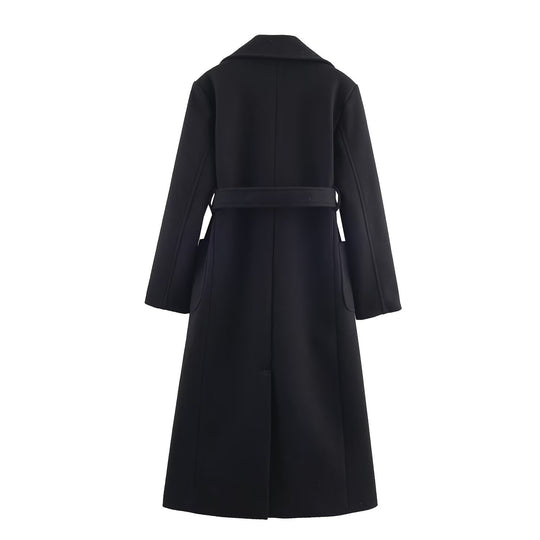 Damen Longline-Mantel mit breitem Revers und Bindegürtel Nord Taschen