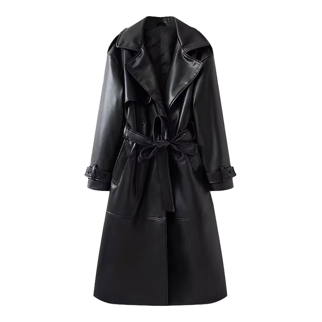 Damen 40+ langer Trenchcoat aus Kunstleder mit Taillengürtel und doppelreihiger Knopfleiste Nord Taschen