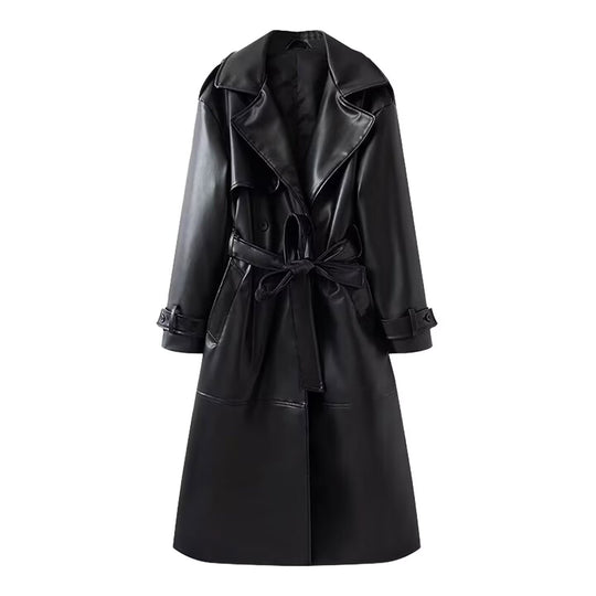 Damen 40+ langer Trenchcoat aus Kunstleder mit Taillengürtel und doppelreihiger Knopfleiste Nord Taschen