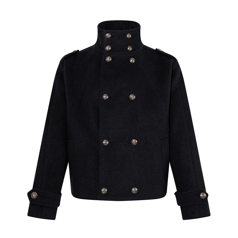 Damen Kurze Doppelreihige Militärische Cabanjacke mit Stehkragen und Epauletten Nord Taschen