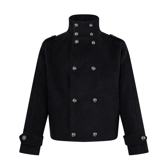 Damen Kurze Doppelreihige Militärische Cabanjacke mit Stehkragen und Epauletten Nord Taschen