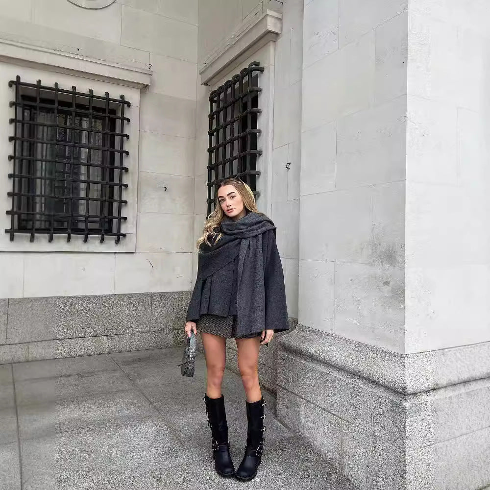 Damen 3500+ zweilagiger Wollmix‑Cape‑Poncho mit Knopfkragen und ausgestellten Ärmeln Nord Taschen