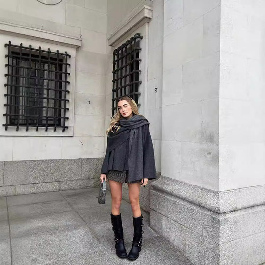 Damen 3500+ zweilagiger Wollmix‑Cape‑Poncho mit Knopfkragen und ausgestellten Ärmeln Nord Taschen