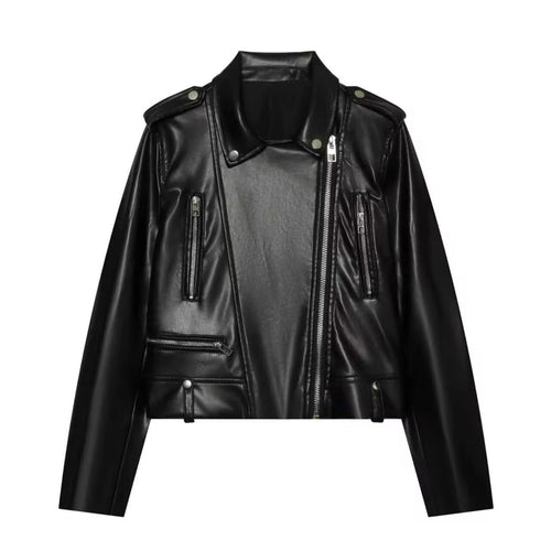 Damen Kurz geschnittene Bikerjacke aus Kunstleder mit asymmetrischem Reißverschluss und Schulterklappen Nord Taschen