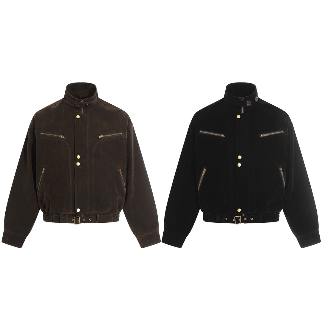Herren Veloursleder-Blouson im Aviator‑Stil mit Stehkragen, Taillenriegel und Reißverschlusstaschen Nord Taschen