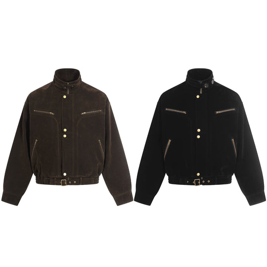Herren Veloursleder-Blouson im Aviator‑Stil mit Stehkragen, Taillenriegel und Reißverschlusstaschen Nord Taschen