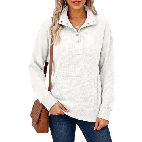 Damen Waffelstrick-Pullover mit Stehkragen, Druckknopfleiste und Kängurutasche Nord Taschen
