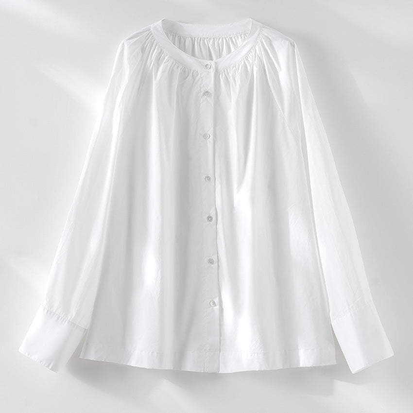 Damen Bluse mit Rundhalsausschnitt, durchgehender Knopfleiste und geraffter Passe Nord Taschen