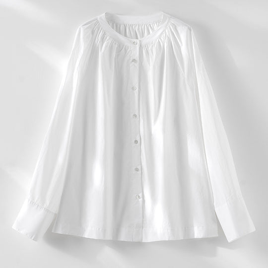 Damen Bluse mit Rundhalsausschnitt, durchgehender Knopfleiste und geraffter Passe Nord Taschen
