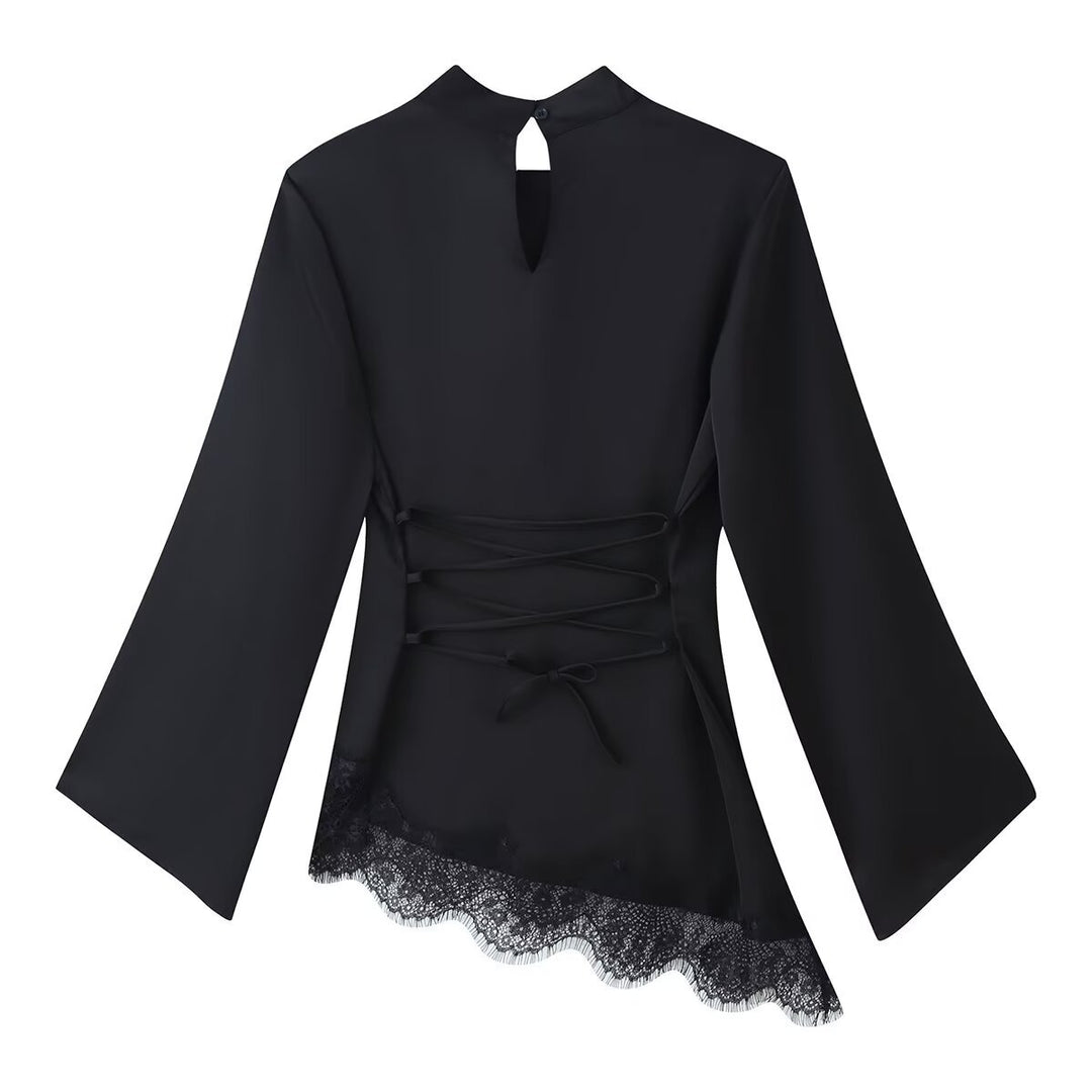 Damen Asymmetrisches Satin-Top mit Spitzenbesatz, Stehkragen und Glockenärmeln Nord Taschen