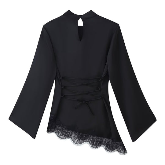 Damen Asymmetrisches Satin-Top mit Spitzenbesatz, Stehkragen und Glockenärmeln Nord Taschen