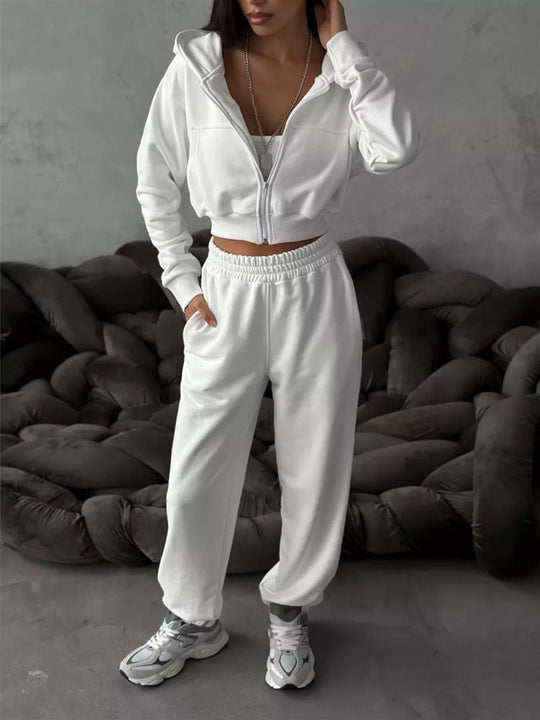 Damen moderner Cropped Hoodie und weite Jogginghose Set Nord Taschen