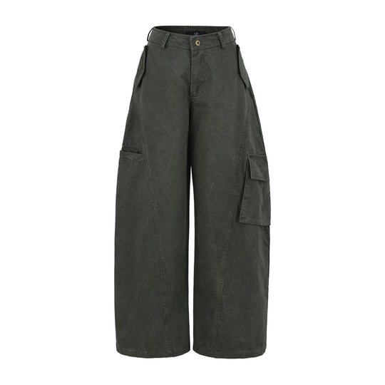 Damen Cropped Cargohose mit hoher Taille, weitem Bein und Klappentaschen Nord Taschen