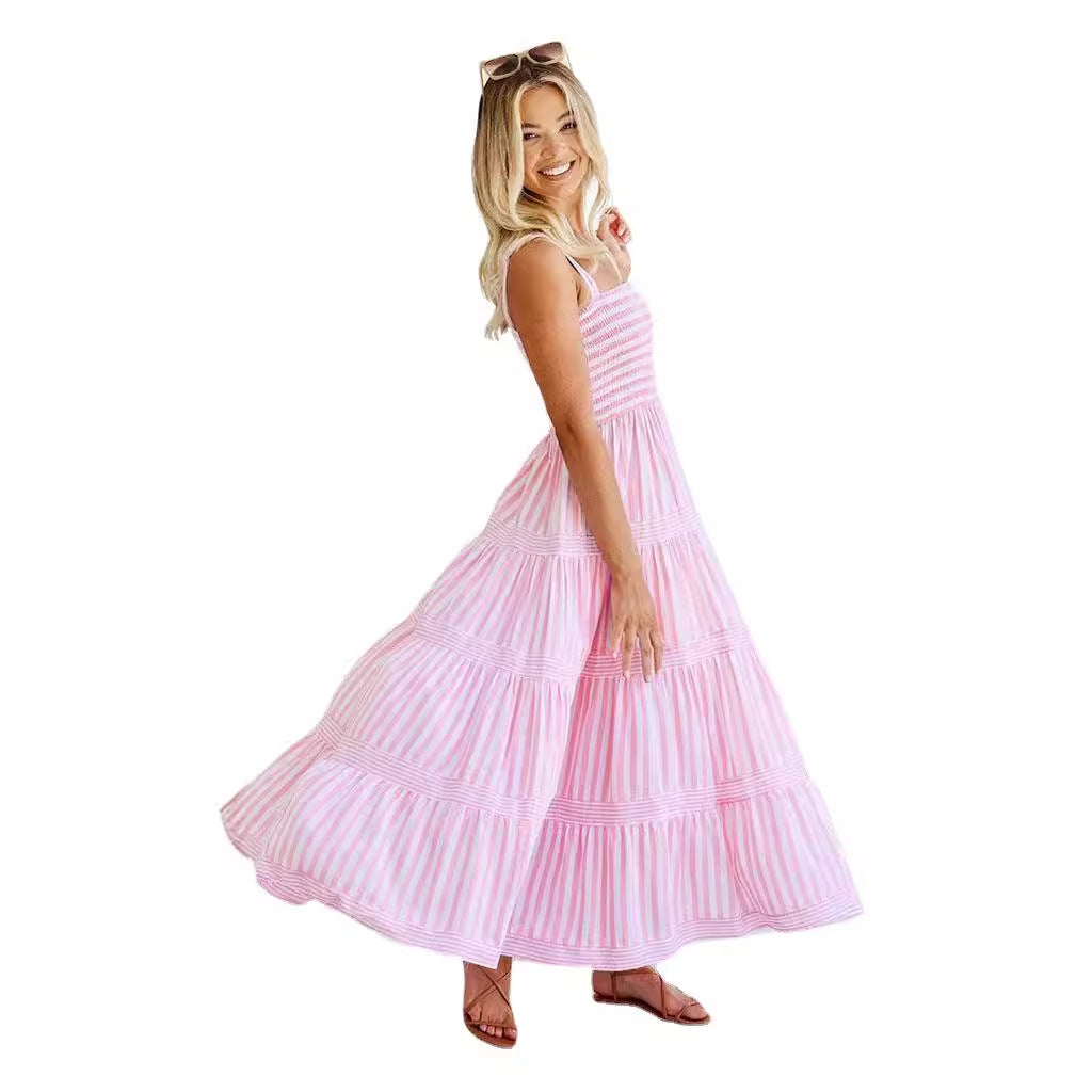 Damen Lange Sommerkleid mit schmalen Trägern und voluminösem Rock