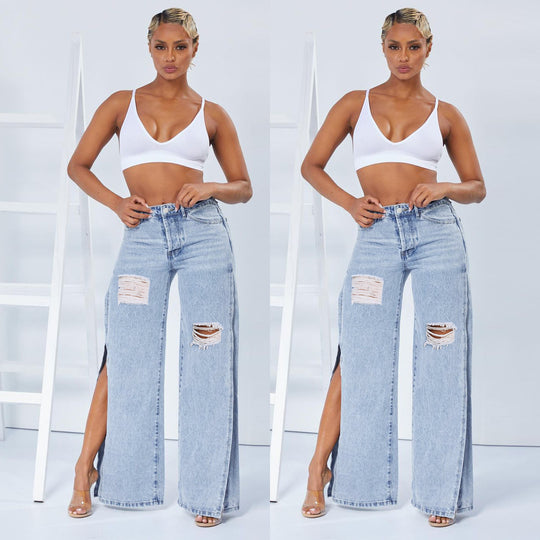 Damen weite High-Waist-Jeans mit seitlichen Beinschlitzen, Destroyed-Knie und formendem Bund Nord Taschen