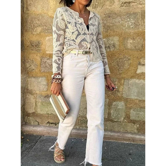 Damen Häkel-Cardigan mit Blumen‑Ajourmuster, Knopfleiste & gewelltem Saum Nord Taschen