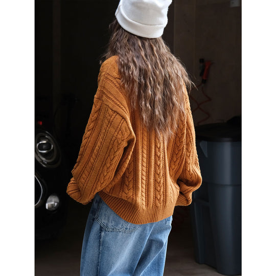 Damen Oversize-Zopfmuster-Strickpullover mit Rundhalsausschnitt und voluminösen Ärmeln Nord Taschen