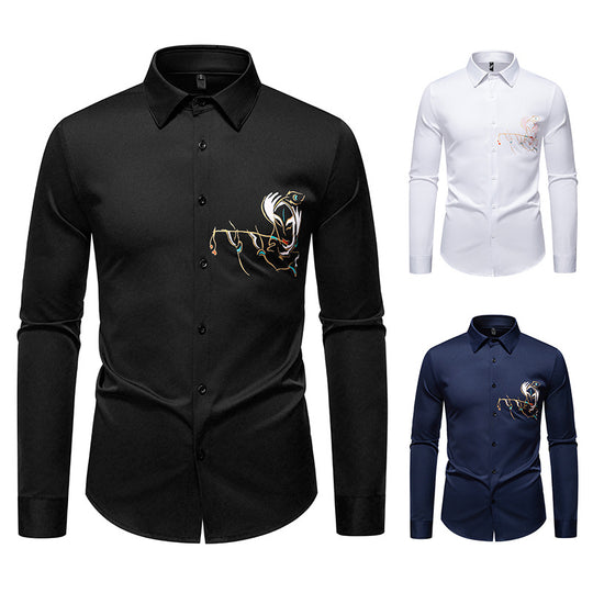 Herren Slim-Fit Businesshemd mit aufwendiger Bruststickerei und Kentkragen Nord Taschen