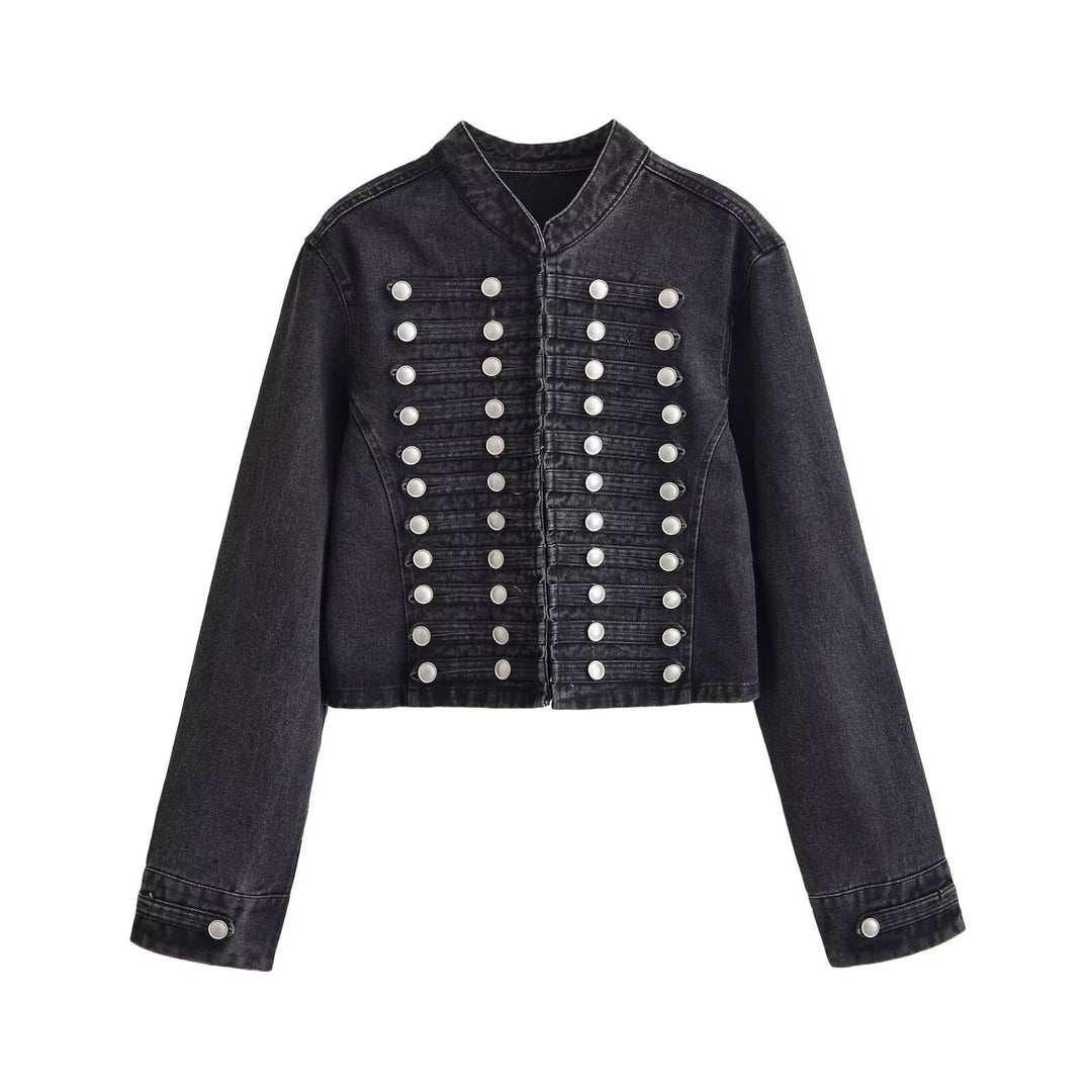 Damen Jeansjacke im Military-Stil mit Stehkragen und dekorativen Zierknopfleisten Nord Taschen