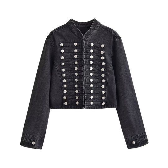 Damen Jeansjacke im Military-Stil mit Stehkragen und dekorativen Zierknopfleisten Nord Taschen