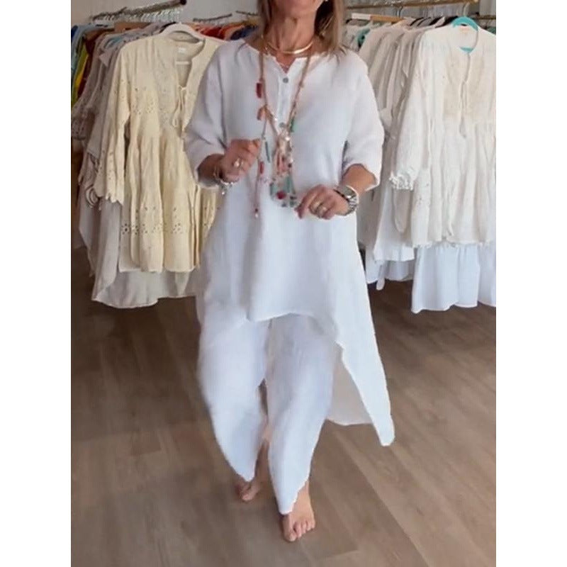 Damen Midilanges Leinen-Tunika-Set mit asymmetrischem Saum und weiter Palazzo-Hose Nord Taschen