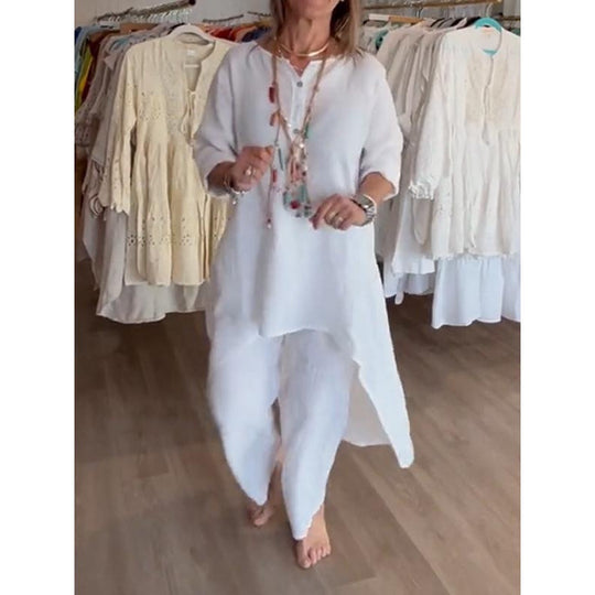 Damen Midilanges Leinen-Tunika-Set mit asymmetrischem Saum und weiter Palazzo-Hose Nord Taschen