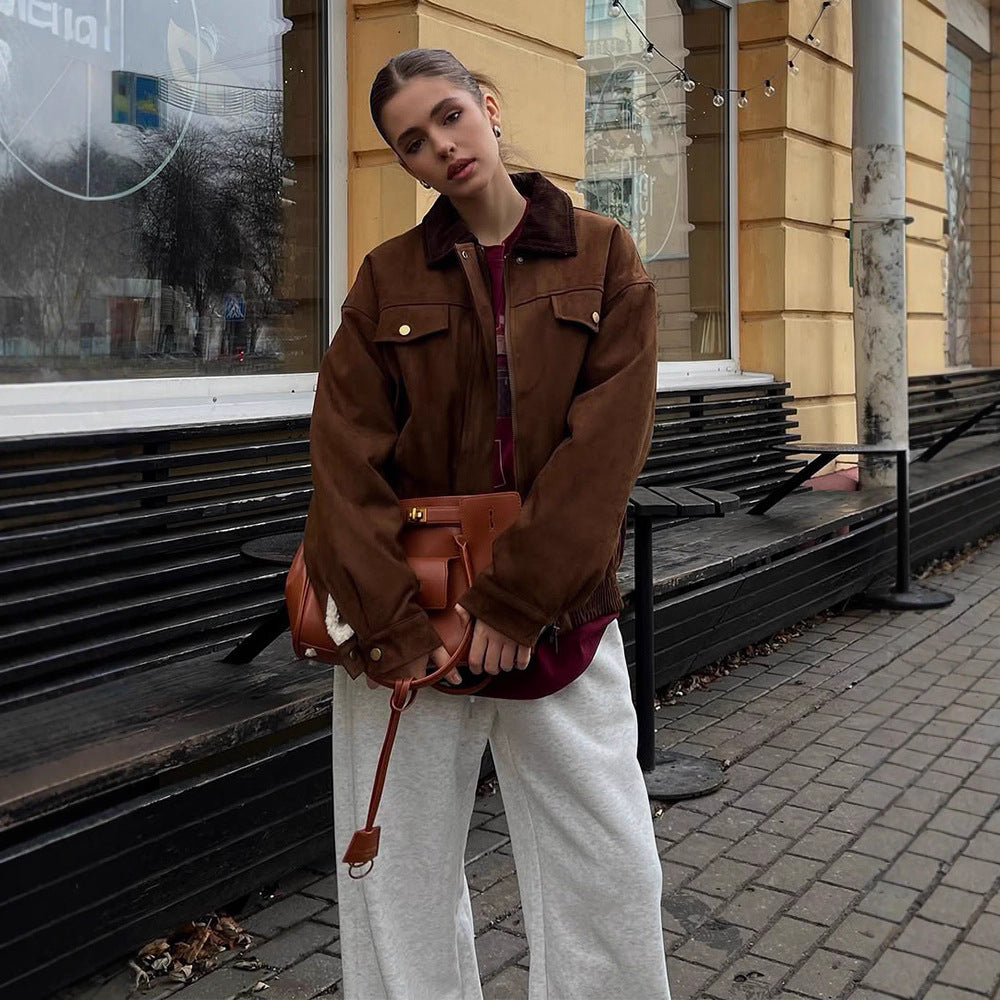 Damen Boxy-Suede-Blousonjacke mit Cordkragen und Teddyfutter Nord Taschen