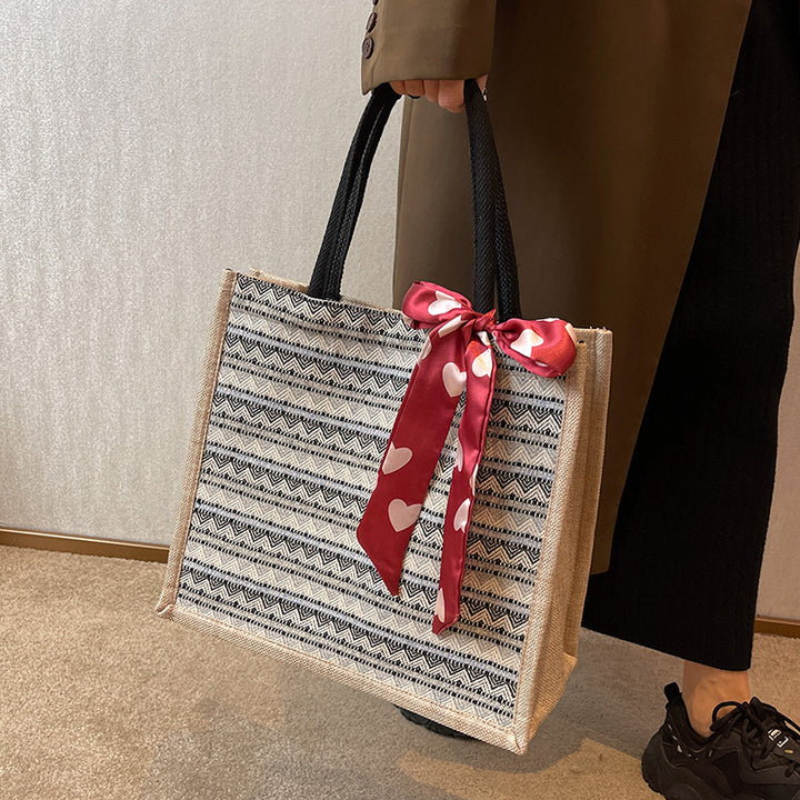 Damen Jute-Tasche mit buntem Muster und eleganter Schleife Nord Taschen