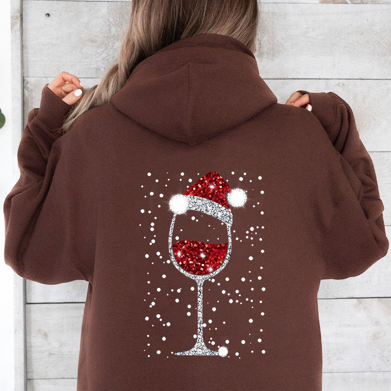 Damen Oversize Kapuzenpullover mit weihnachtlichem Glitzer-Weinglas-Print Nord Taschen