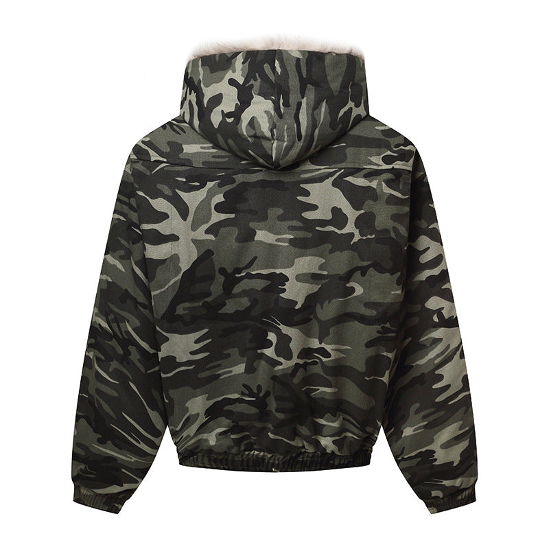 Unisex Wattierte Kapuzenjacke im Camouflagemuster mit Teddyfutter und elastischem Saum Nord Taschen