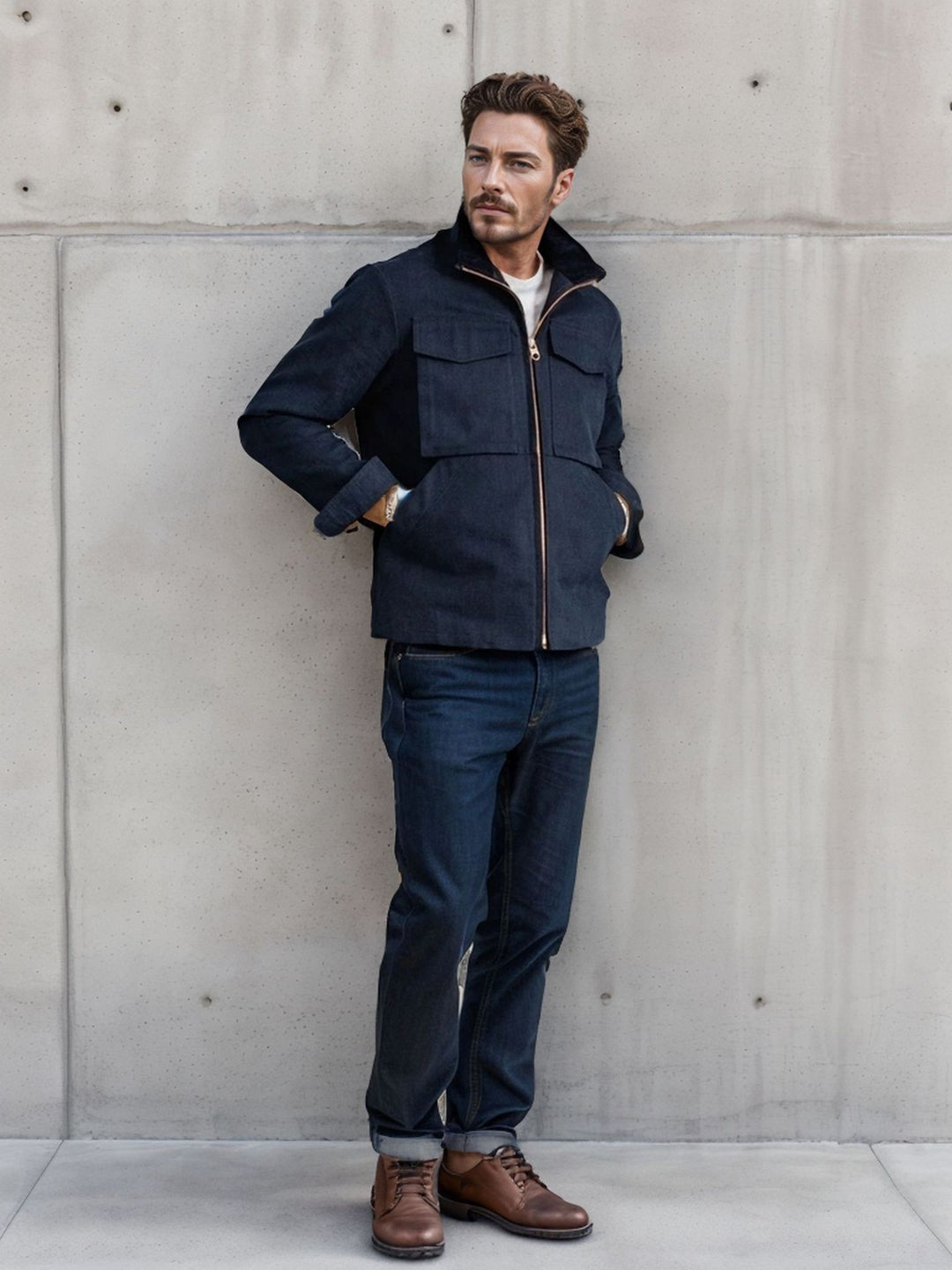 Herren Kurze Denim-Fieldjacke mit Stehkragen, Reißverschluss und aufgesetzten Brusttaschen Nord Taschen