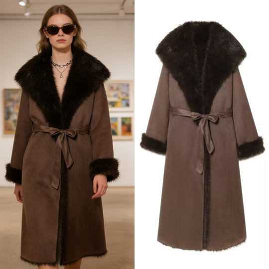 Damen Langer Lammfellimitat-Mantel mit Kapuze, Bindegürtel und Faux‑Fur‑Besatz Nord Taschen