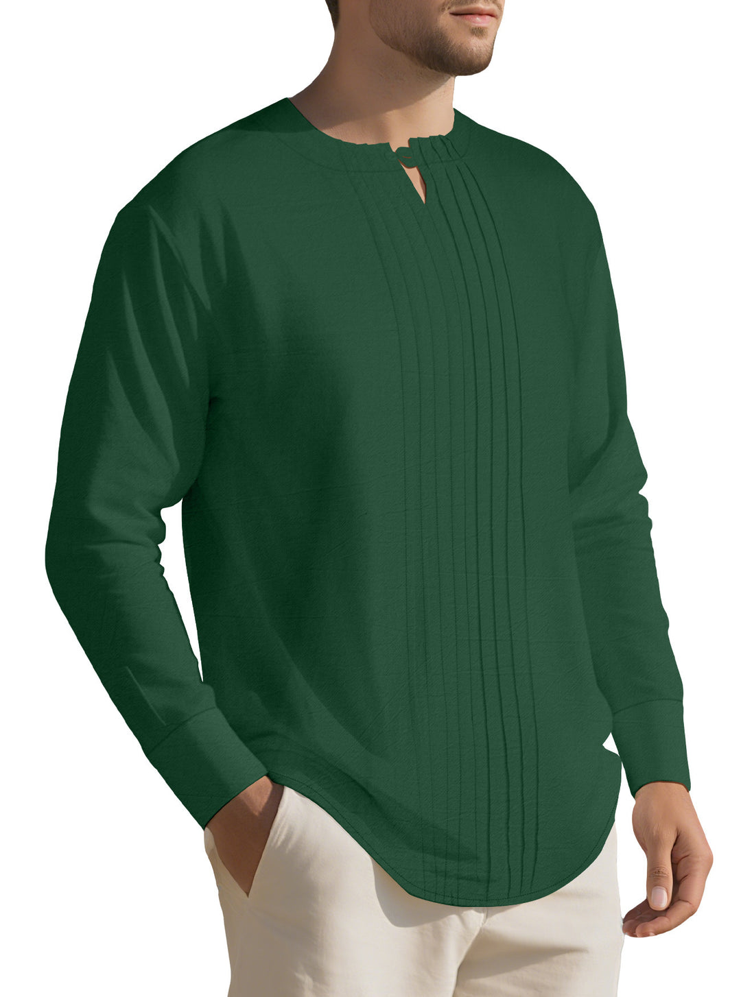 Herren Leichtes Langarmshirt im Leinenlook mit Stehkragen, Kellerfalten und Schlaufenverschluss Nord Taschen