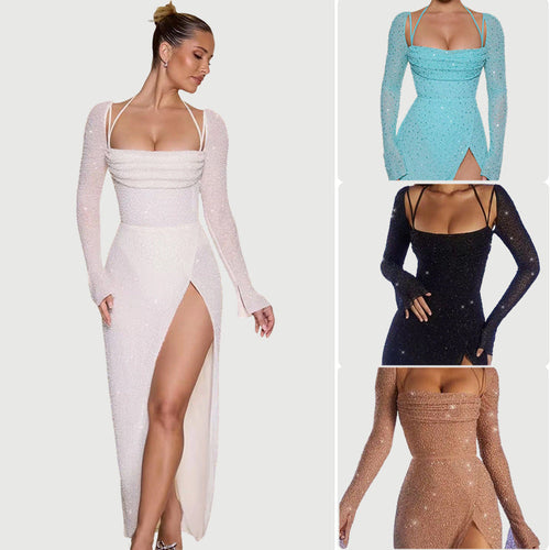 Damen Glamouröses Maxikleid mit schimmernden Details und seitlichem Schlitz Nord Taschen
