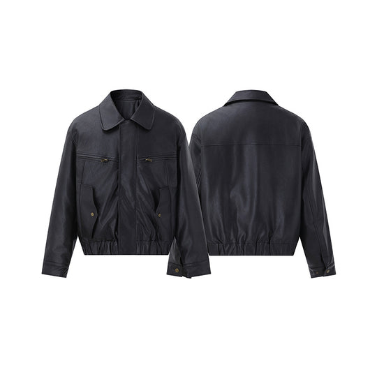 Herren Kurzer Boxy-Lederblouson mit Pattentaschen und elastischem Bund Nord Taschen