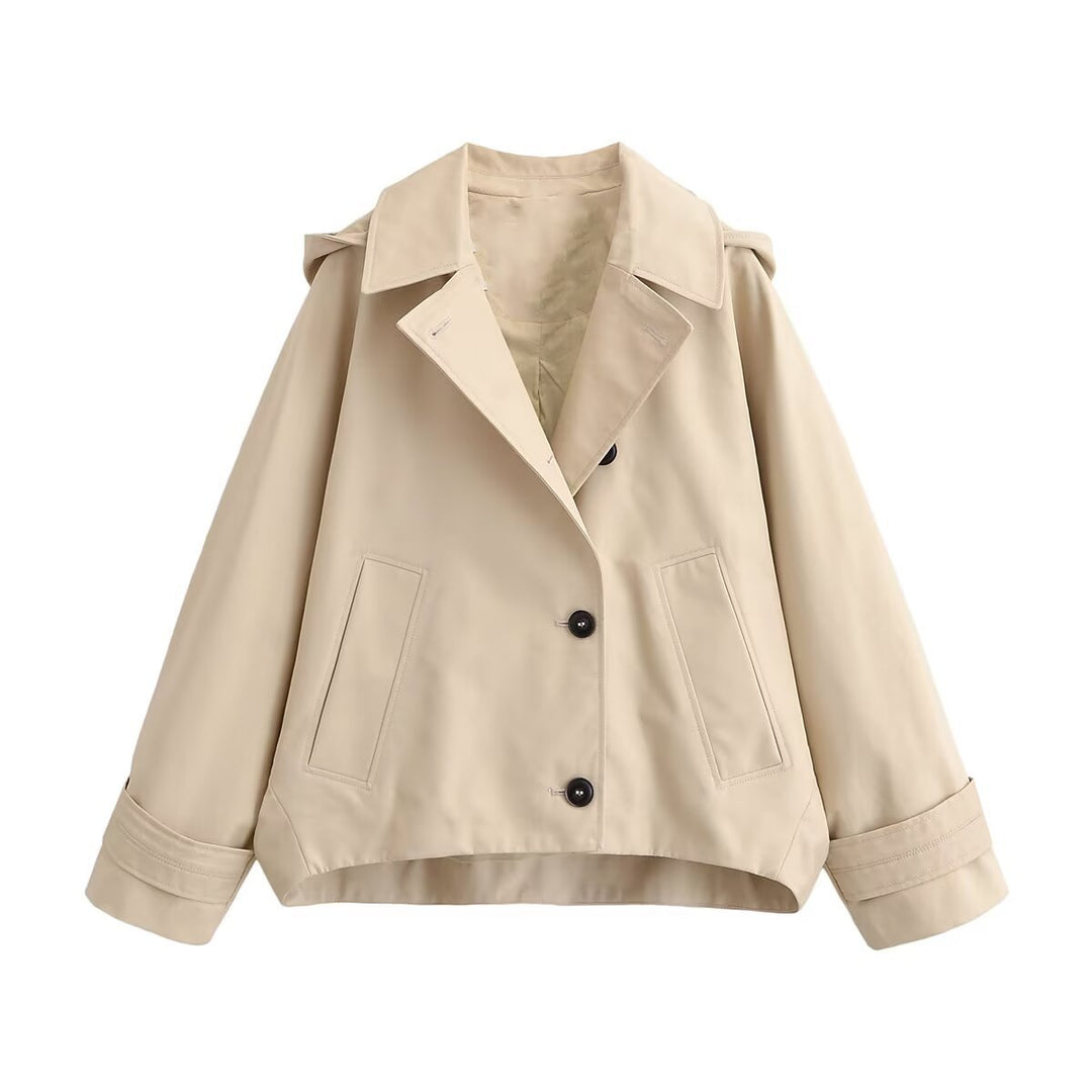 Damen Kurze Oversize-Trenchjacke mit Umlegekragen und Schulterklappen Nord Taschen