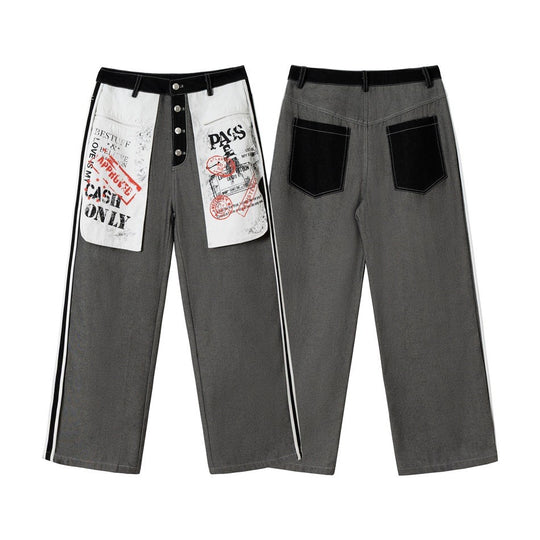 Damen Wide-Leg Cargo-Jeans mit aufgesetzten Grafik-Patches und Kontraststreifen Nord Taschen