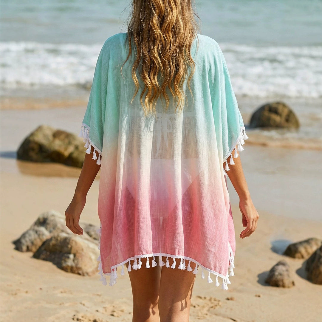 Damen lässiger Strandponcho mit fransigen Akzenten
