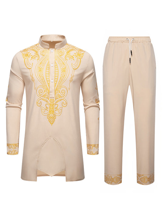 Herren Tunika Anzug mit Stehkragen und ornamentaler Goldapplikation Nord Taschen