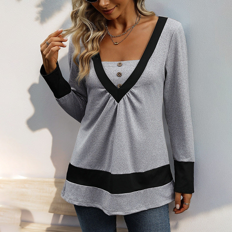 Damen Longsleeve mit tiefem V-Ausschnitt, Zierknopfleiste und Kontrastbordüren Nord Taschen