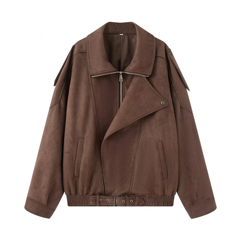 Damen Oversize Bomberjacke mit breitem Reverskragen, Taillengürtel und Schulterklappen Nord Taschen