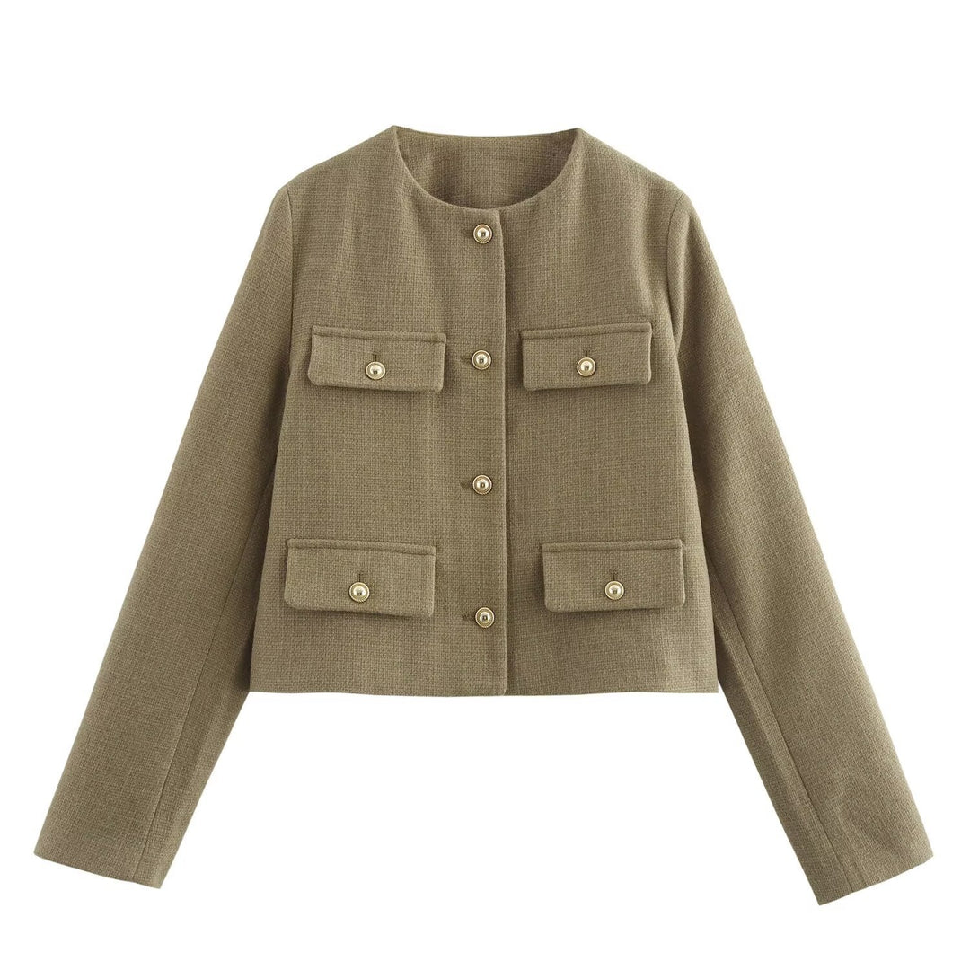 Damen Kurze Bouclé-Blazerjacke mit Rundhalsausschnitt, Zierleistentaschen und goldfarbenen Knöpfen Nord Taschen