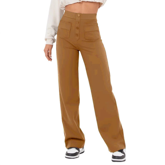 Damen Hochtaillierte weite Hose mit Knopfleiste und aufgesetzten Taschen Nord Taschen